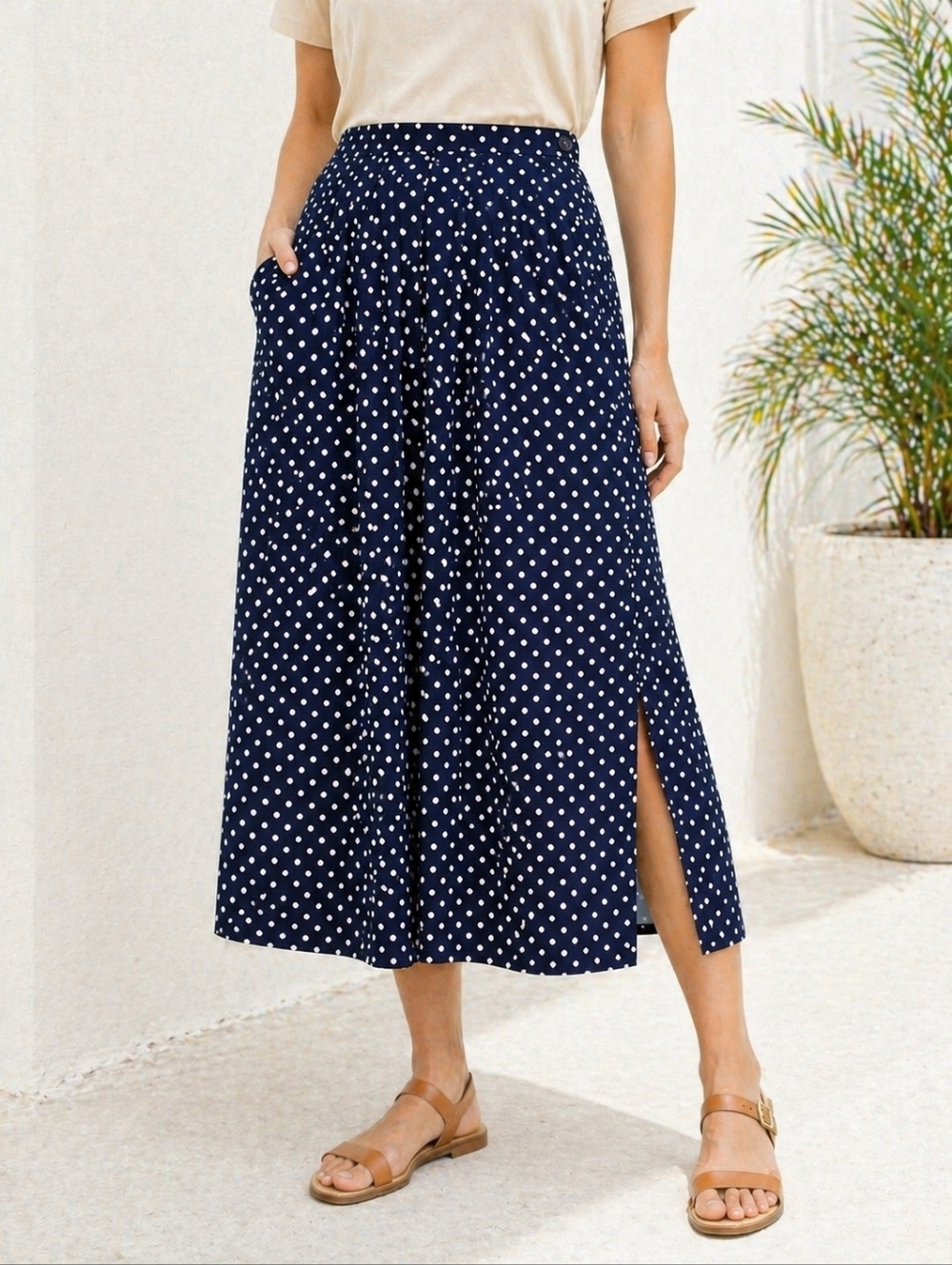 Vanessa Stevens Vintage Navy Polka Dot Midi Skirt Size 18 Pockets